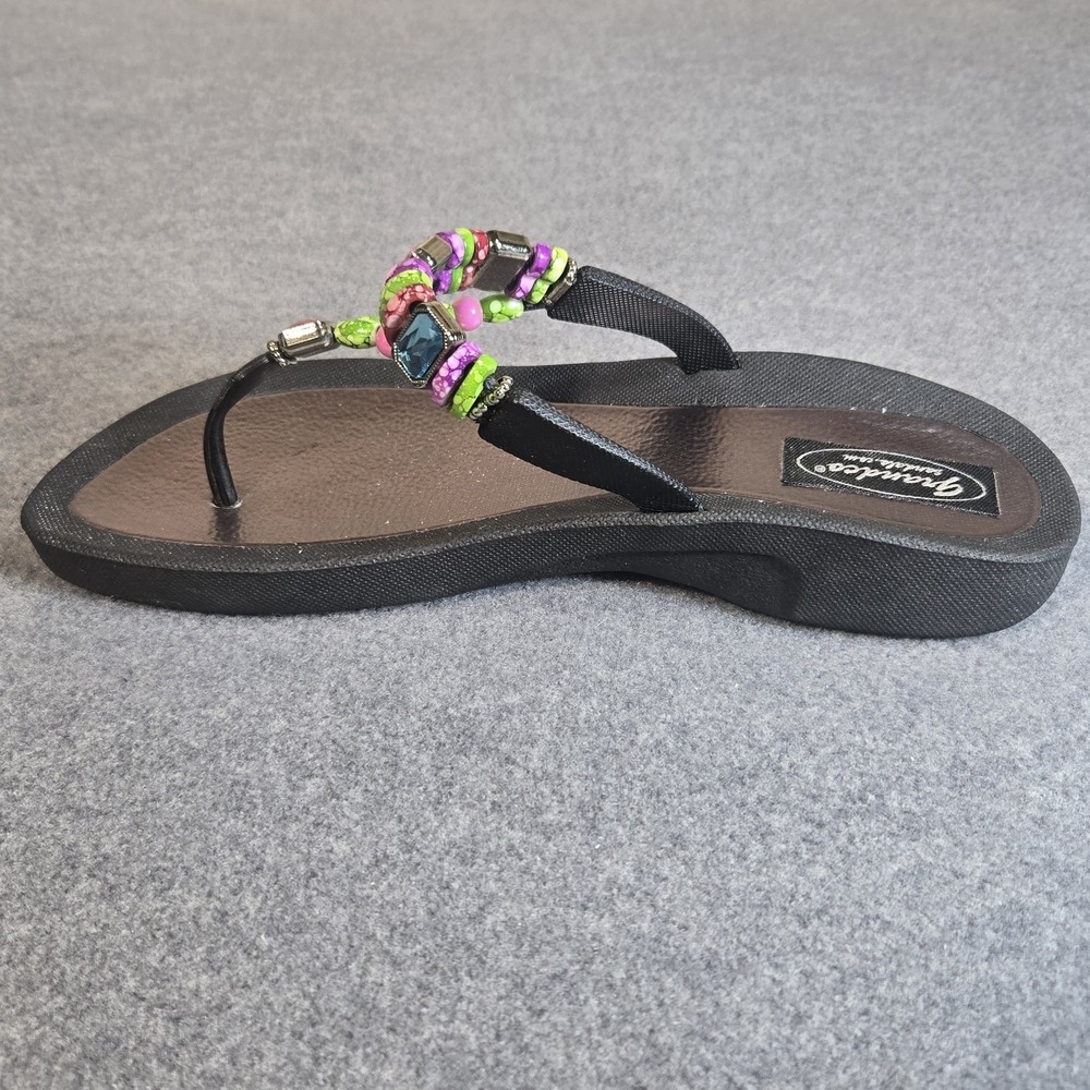 GRANDCO SANDALS RAINBOW WEDGE THONG Beach Pool THONG Black BLING GEMSTONES BEADS